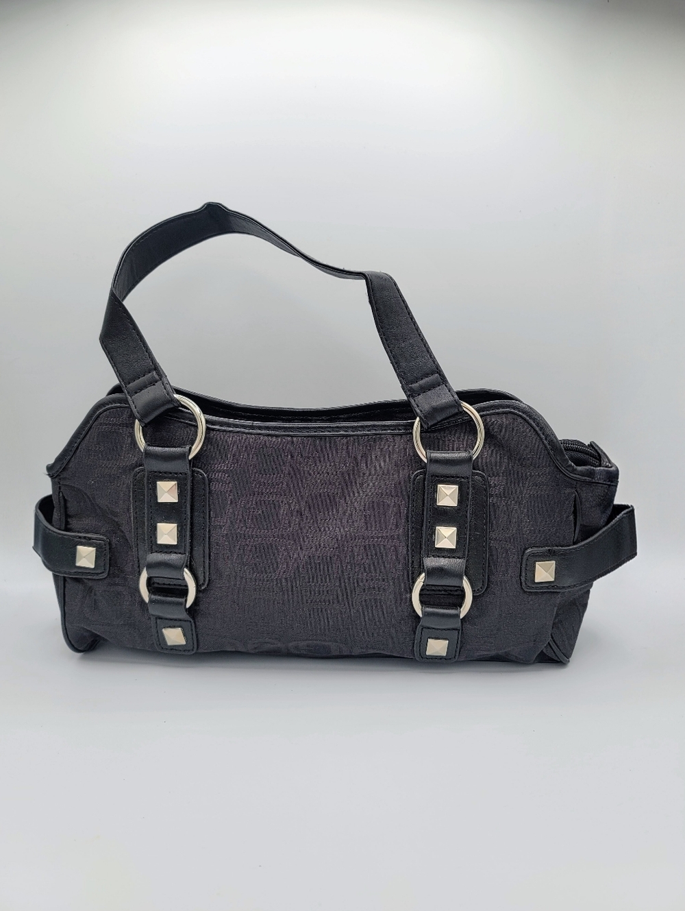 Y2K Black Jacquard Shoulder Bag Studded Buckle Strap Purse 2000s Retro Moto Vtg